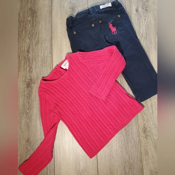 Ralph Lauren navy chinos and hot pink cable knit sweater Size 2T - Picture 2 of 13